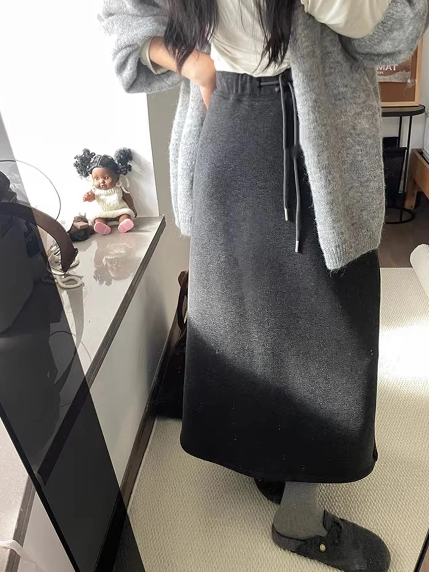 ay Simple Thiened Fce Dstring High Waist Slim Straight Tube Skirt Women's Autumn Winter Versatile Long Skirt