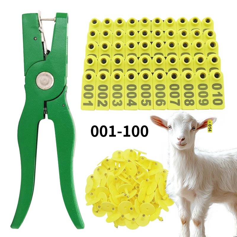 

Аппликатор маркера для ушных бирок для домашнего скота 001-100 Ушные бирки для овец, коз, свиней, идентификационный комплект с 2 шт. булавками, плоскогубцы для ушных бирок