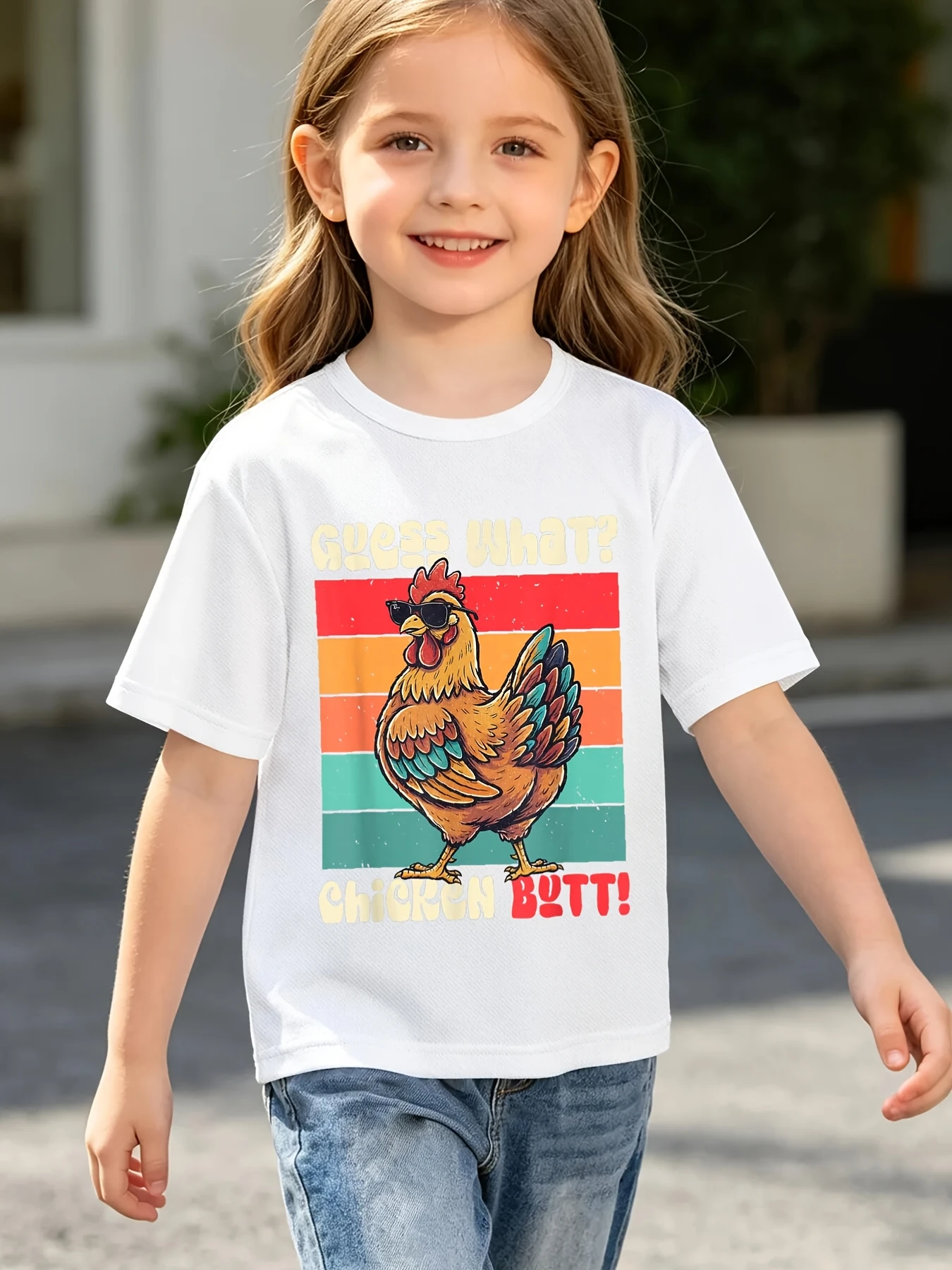 Funny Cool Chicken Sunglasses Retro Striped Letter Graphic Print T Shirt Family Matching Boys Girls Kids Short Sleeve Daily Tees