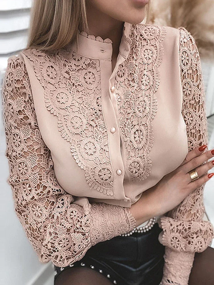 

Elegant Women's Blouse Vintage Lace Spliced Long Sleeve Pink Button Up Woman Shirt Tops Fashion Casual Ladies Blouses Top