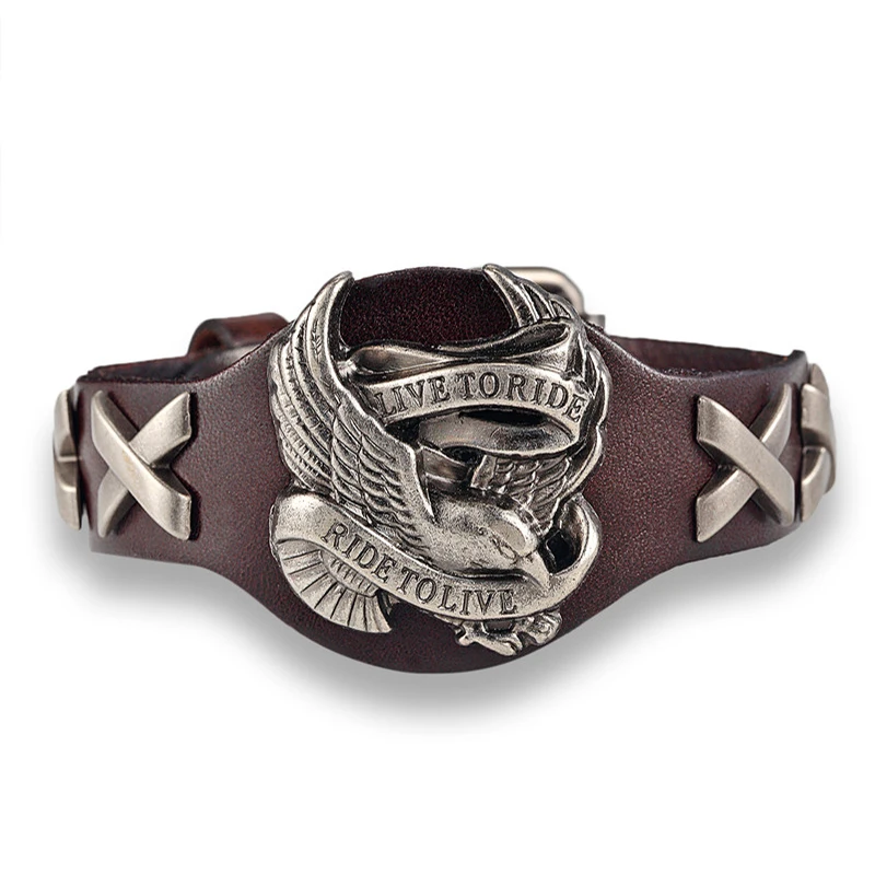 Herren Echtleder-Armband Punk Biker Adler Zinklegierung Armband Vintage Handgefertigt Verstellbare Schnalle Männlicher Motorrad-Schmuck – Detail 7