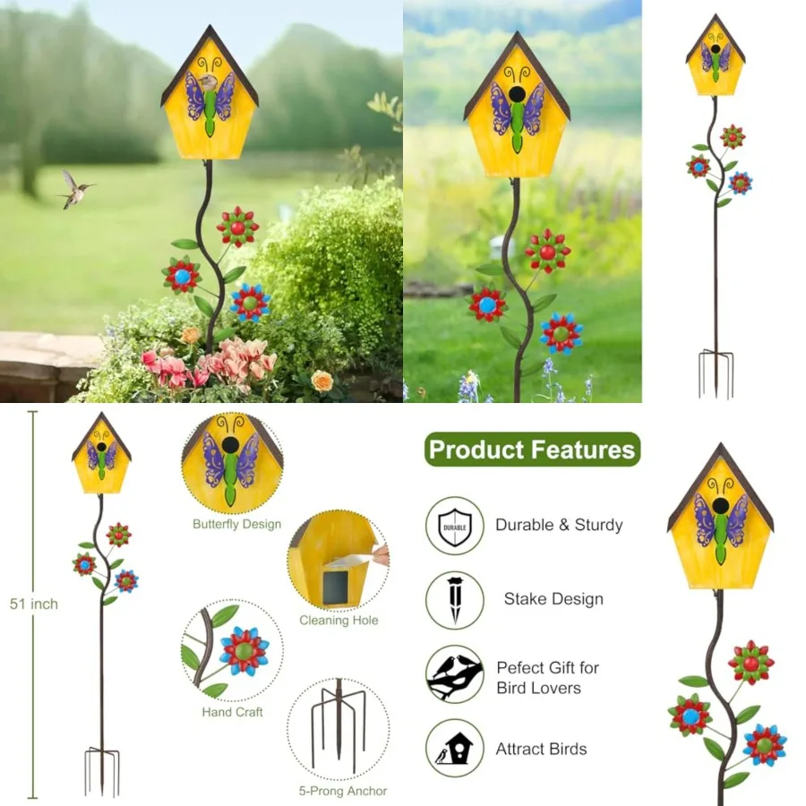 

51" Bird Houses Stake for Outside, Metal Wild Bird Feeder Birdhouse Stake Pole with Butterfly Design Outdoor Decorations for Pa