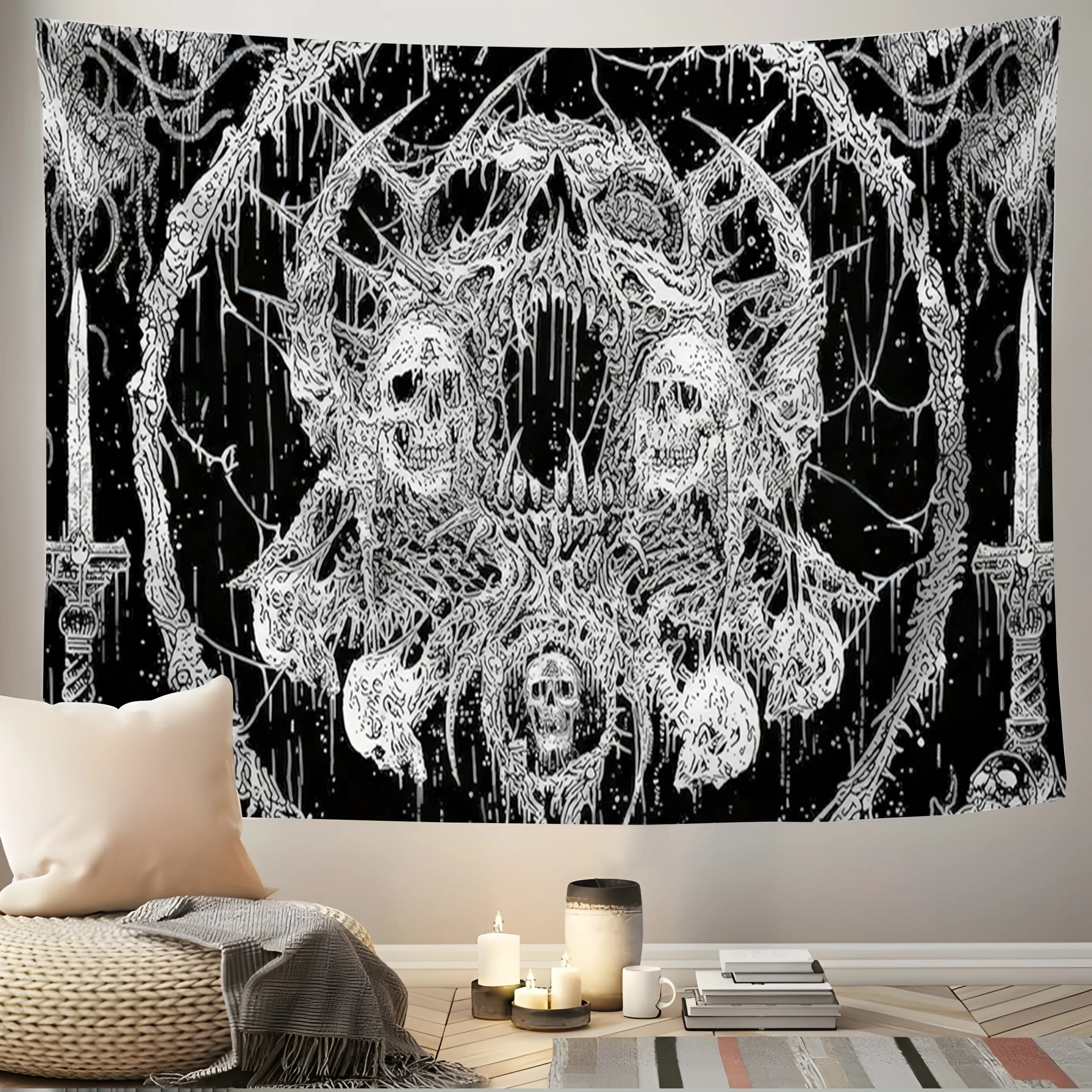 VIKAMA Dark Death Metal Skeleton Sword Tapestry, Black White Wall Art for Bedroom Living Room Decor