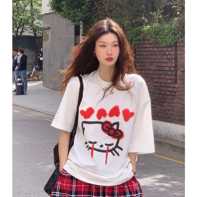 

New Korean Style Kitty 3D Printed Short Sleeved T-shirt for Women's Summer Loose and Versatile Quick Drying Top Trend