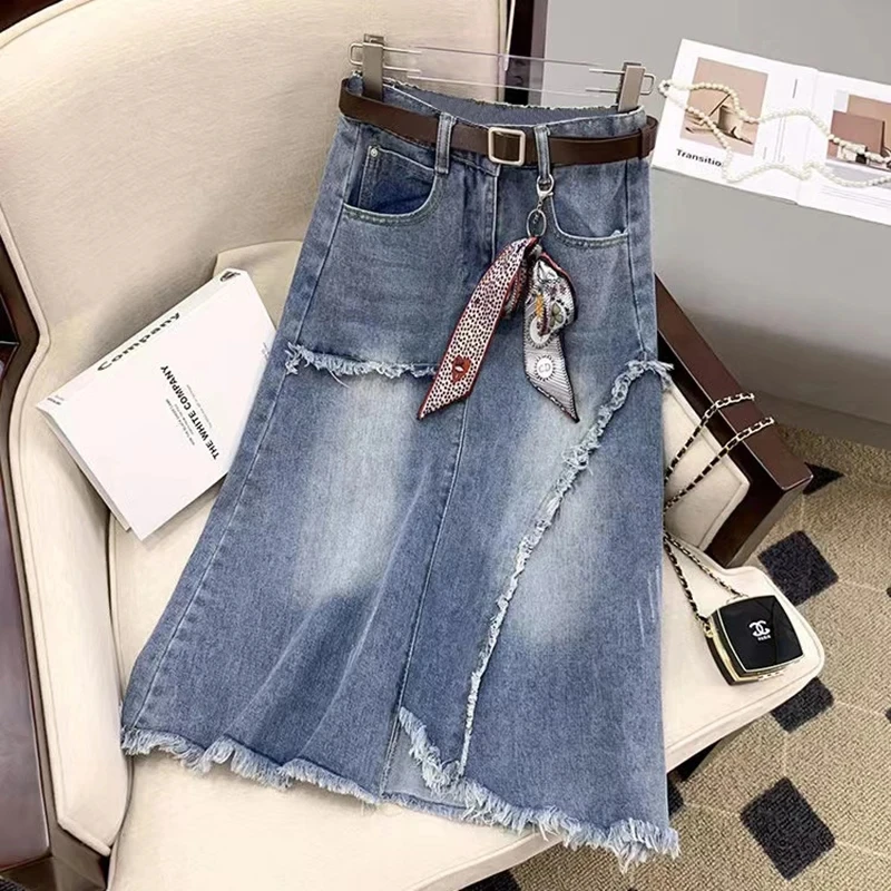 

2024 Summer New High WWaisted Denim Skirt Women Slim Vintage Tassel Jeans A-line Skirts Casual Women's Long Skirt Street Clothin