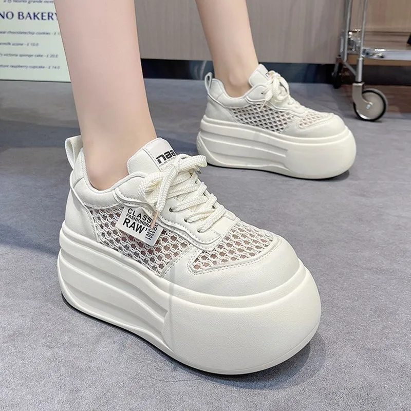 2026 New Autumn Women High Platform Mesh Leather Sneakers Tennis Hidden Heels Casual Sport Shoes Lace-up Chunky Dad Shoes Woman