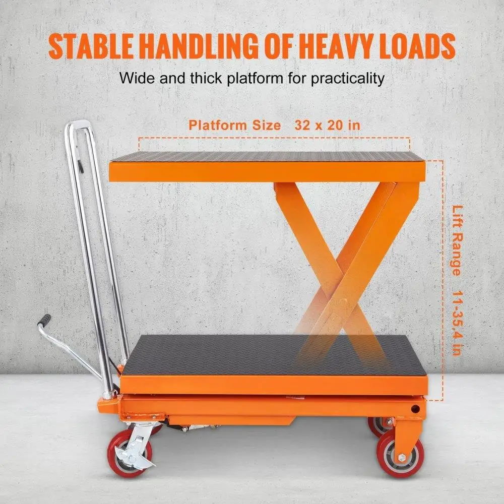 1100lbs Capacity Hydraulic Lift Table Cart - 35.4 Manual Scissor Lift with 4 Wheels & Non-slip Pad for Easy for material