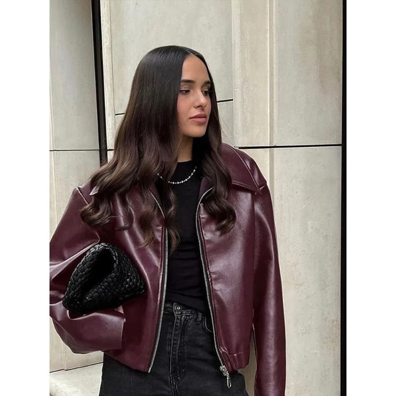 Elegant Burgundy Faux Leather Jackets Women Fashion Lapel Zipper Long Sleeve Female Coats 2024 Autumn Winter Lady Street Outwear