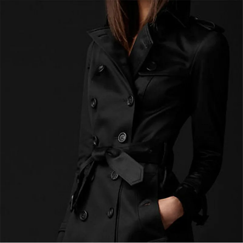 Casaco de trespassado longo Slim Fit Trench Coat feminino, Blusão feminino, cáqui, preto e vinho tinto, S-2XL, Novo, Outono, 2022