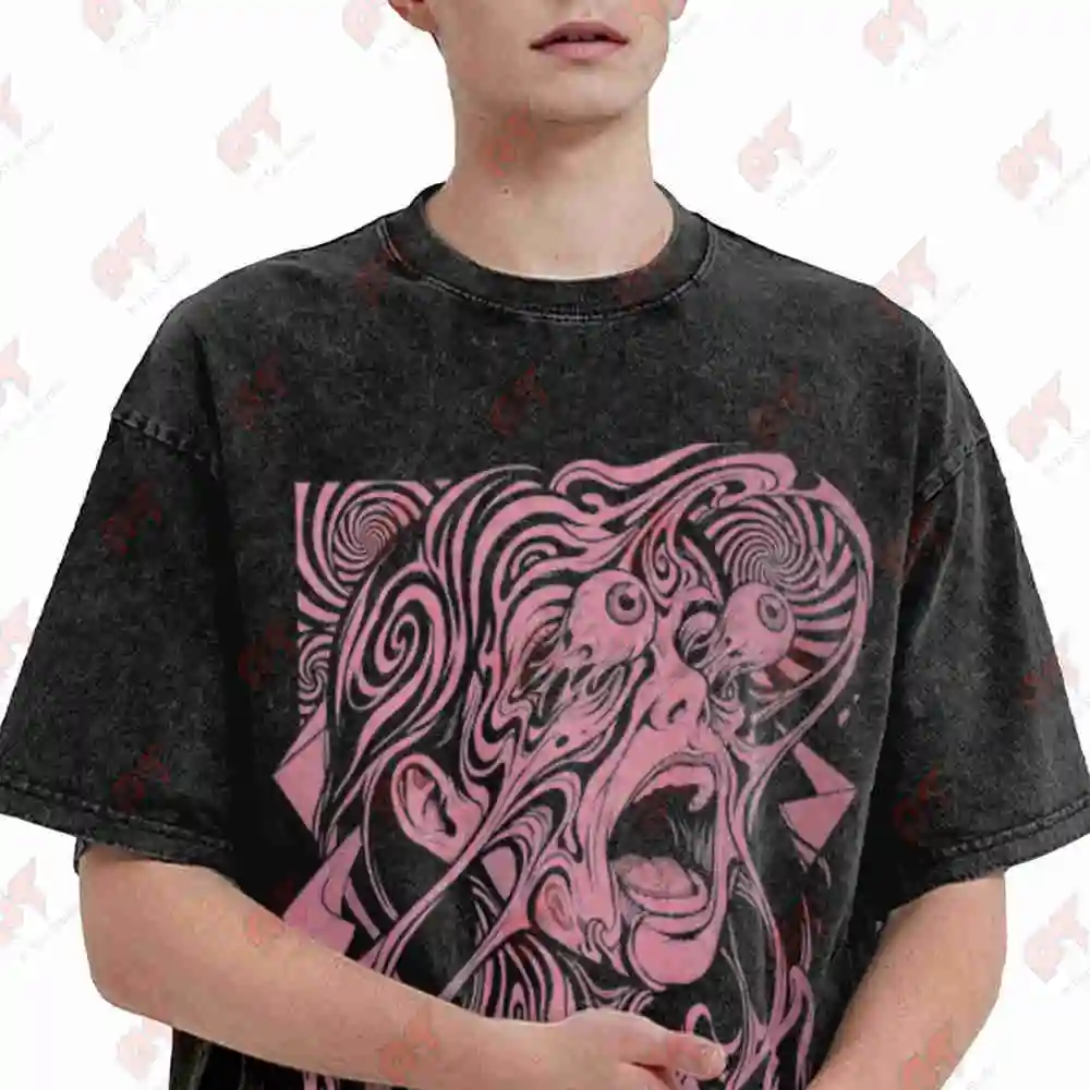 Retro Anime Horror Trippy Weirdcore Alternative Vintage Washed Tee Pure Cotton T-Shirt