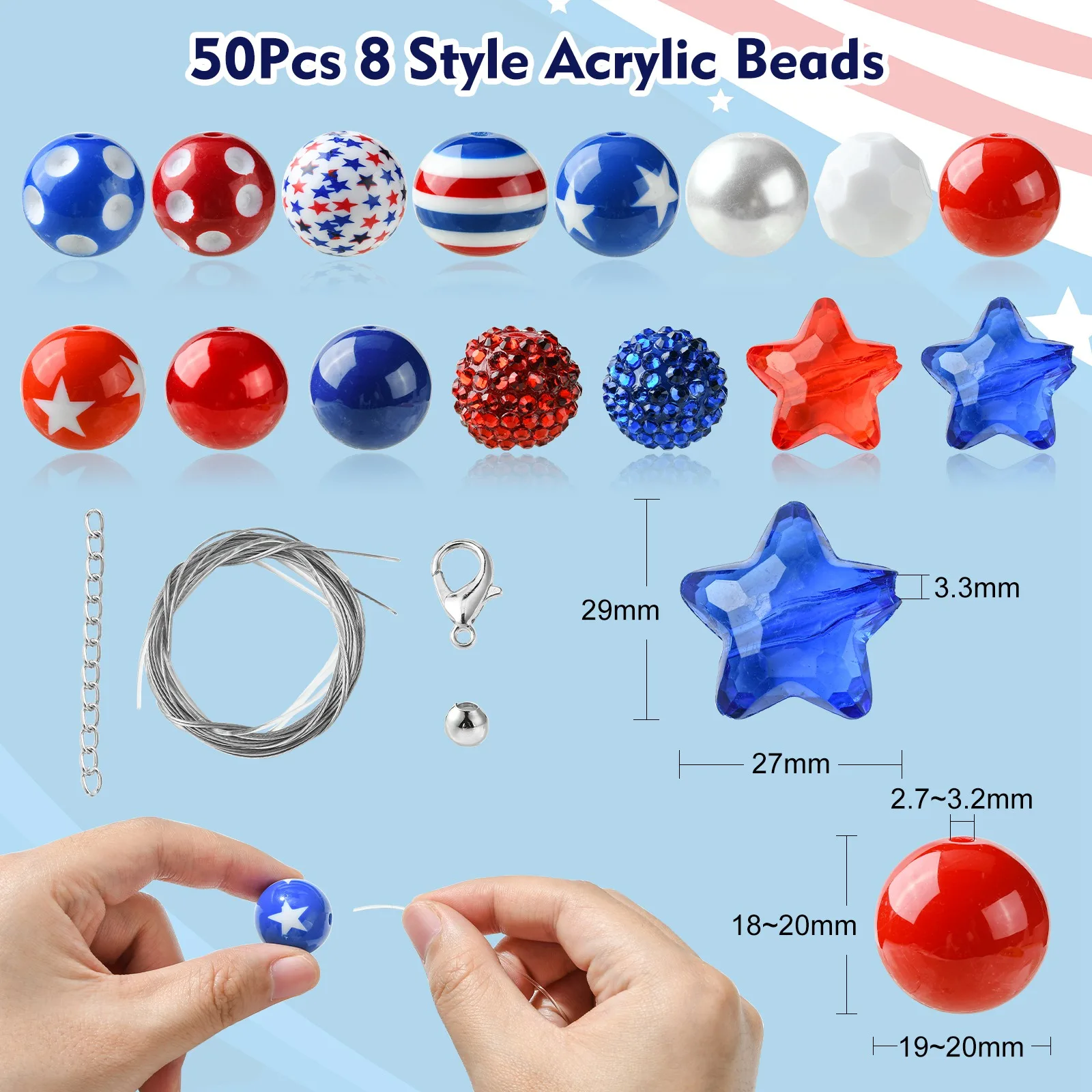 PandaHall 50 Stück Zufällige 20mm Acryl-Rundperlen Independence Day Rot Weiß Blau Abstandhalterperlen für Bastelarbeiten und Schmuckherstellung – Detail 2