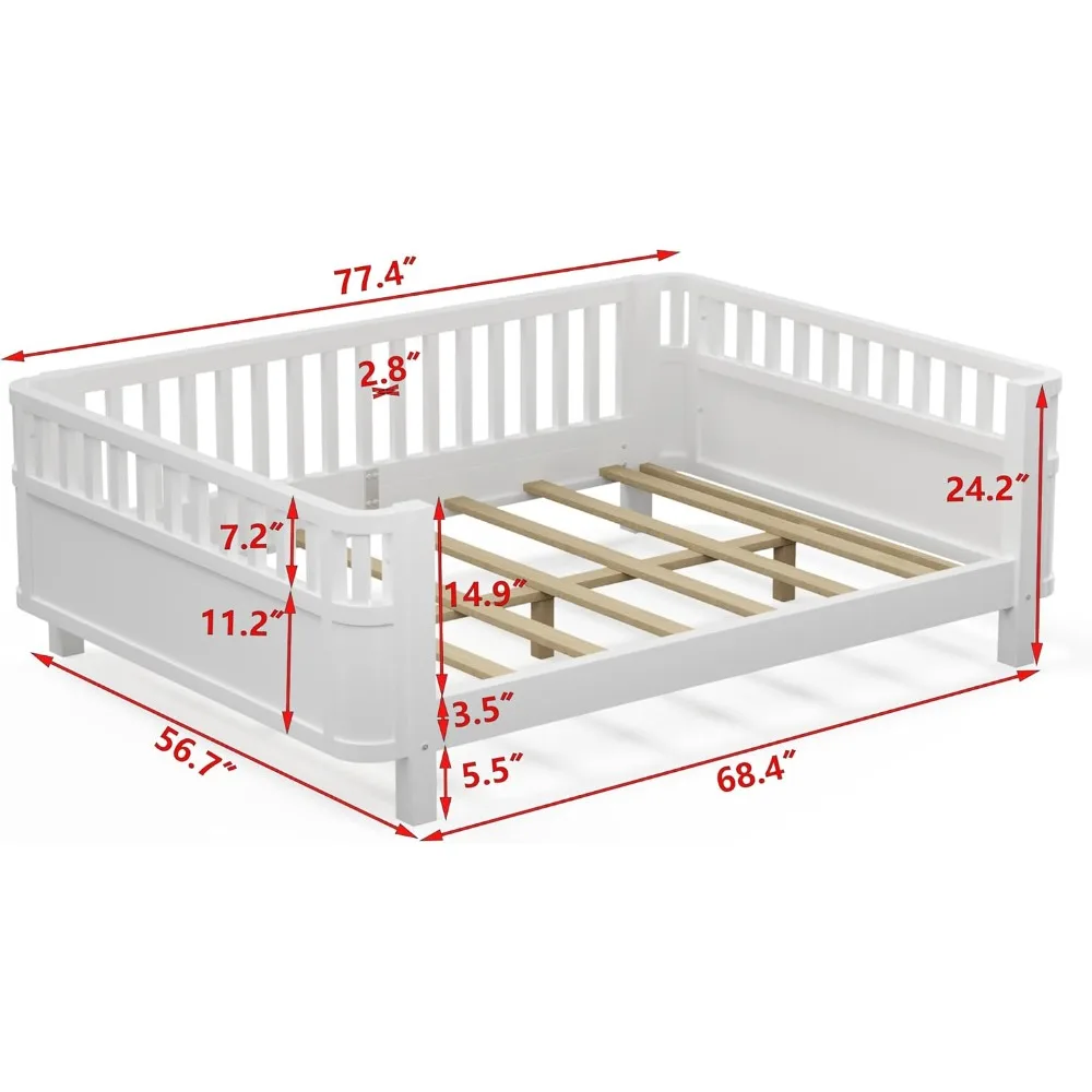 Keiki Cama de suelo de madera de tamaño completo, estructura de cama con plataforma montessori con perfil bajo y rieles de seguridad, camas infantiles que ahorran espacio para niños