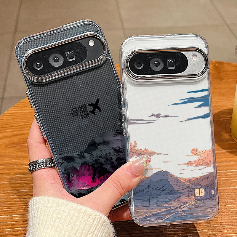 Berglandschaft Gemusterte Transparente Handyhülle für Google Pixel 10 9 Pro XL 10 9 Pro 8 7 Pro 9A 8A 7A Galvanisierte TPU Durchsichtige Schutzhülle