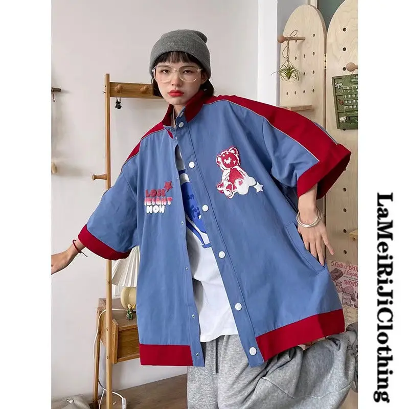 Baseball Splice Contrast Color Cartoon Bear Button Up Shirt Harajuku Oversized Loose Kawaii Tops for Teenage Summer Large 2XL