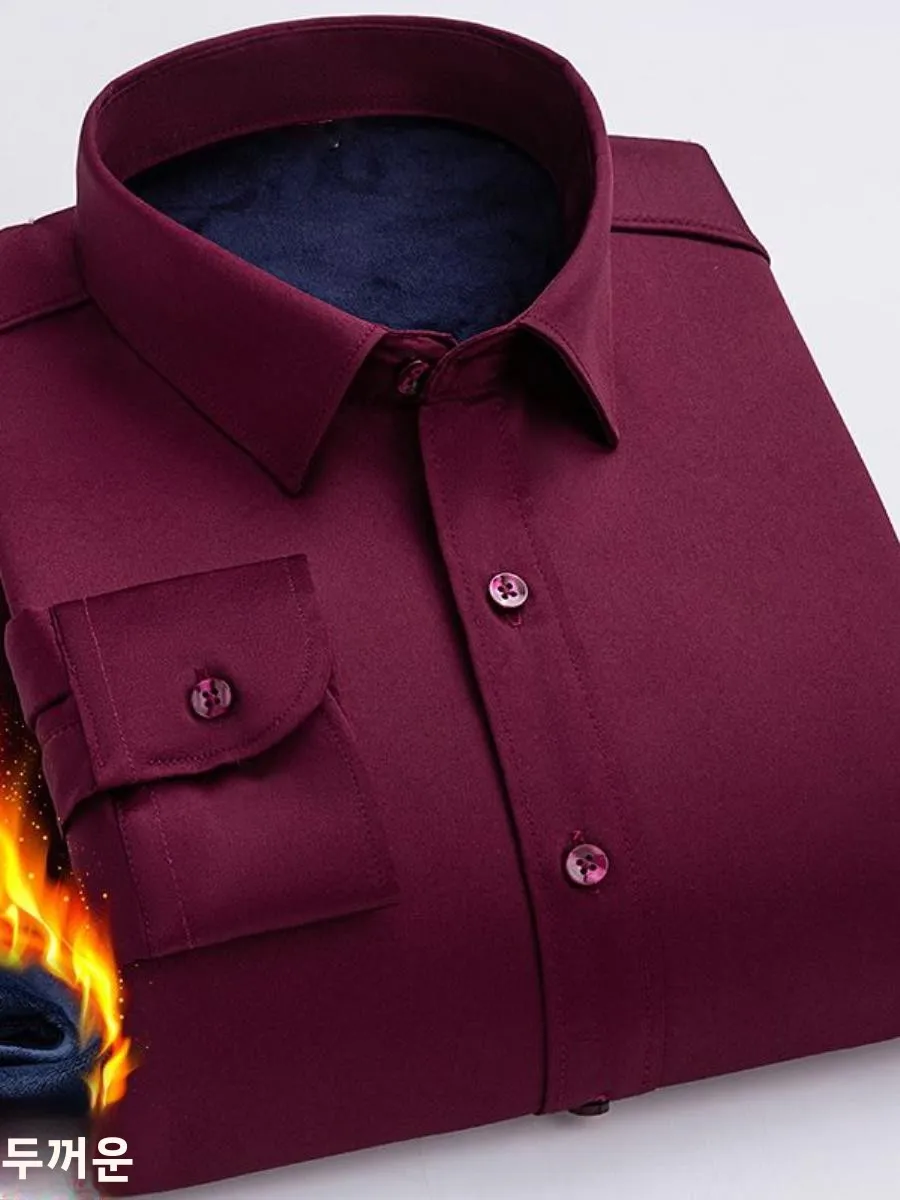 thiened-fce-lined-long-sve-men's-irt-winter-busin-casual-red-wine-color-pure-color-casual-busin-tie-pin