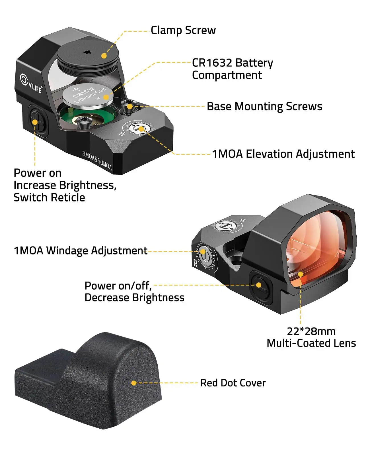 

CVLIFE Multiple Reticle Red Dot 3 MOA Dot & 50 MOA Circle Motion Awake Reflex Optic Sight with Adapter Plate for MOS & Picatinny