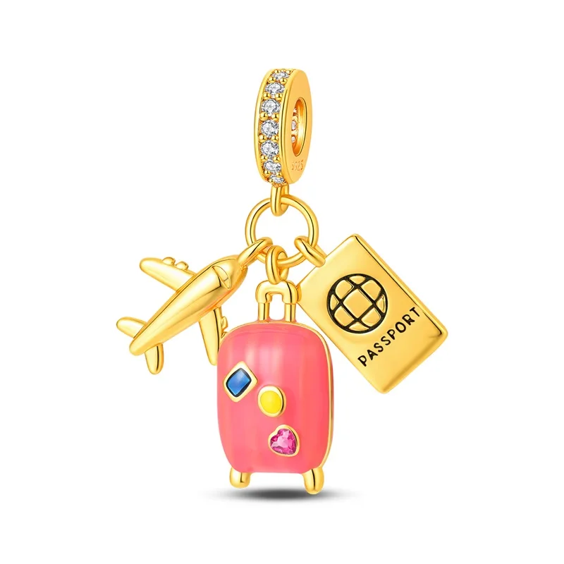 

925 Sterling Silver Luggage Airplane Passport Charms Pendant For Women Fit Original Bracelet DIY Jewelry Gifts