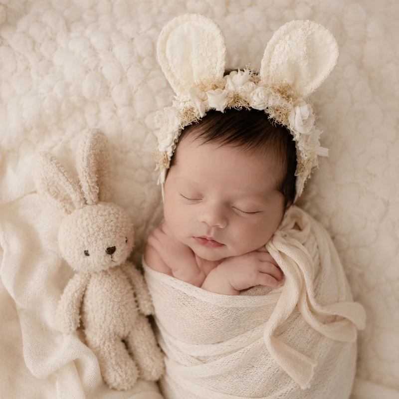 Handmade Floral Bunny Ear Headband Newborn Photography Props Lace Rabbit Ears Baby Photo Studio Shooting Accessories 4 Colors