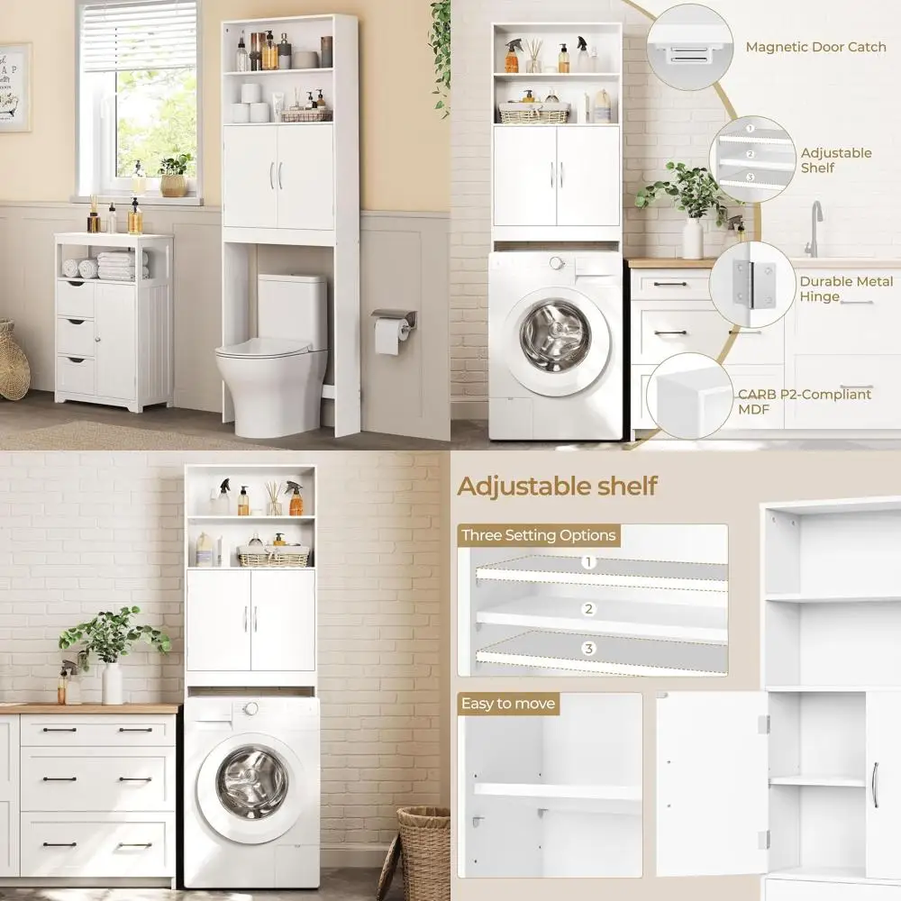 

Компактный высокий шкаф для ванной комнаты с регулируемыми полками, 77 см высотой, белый