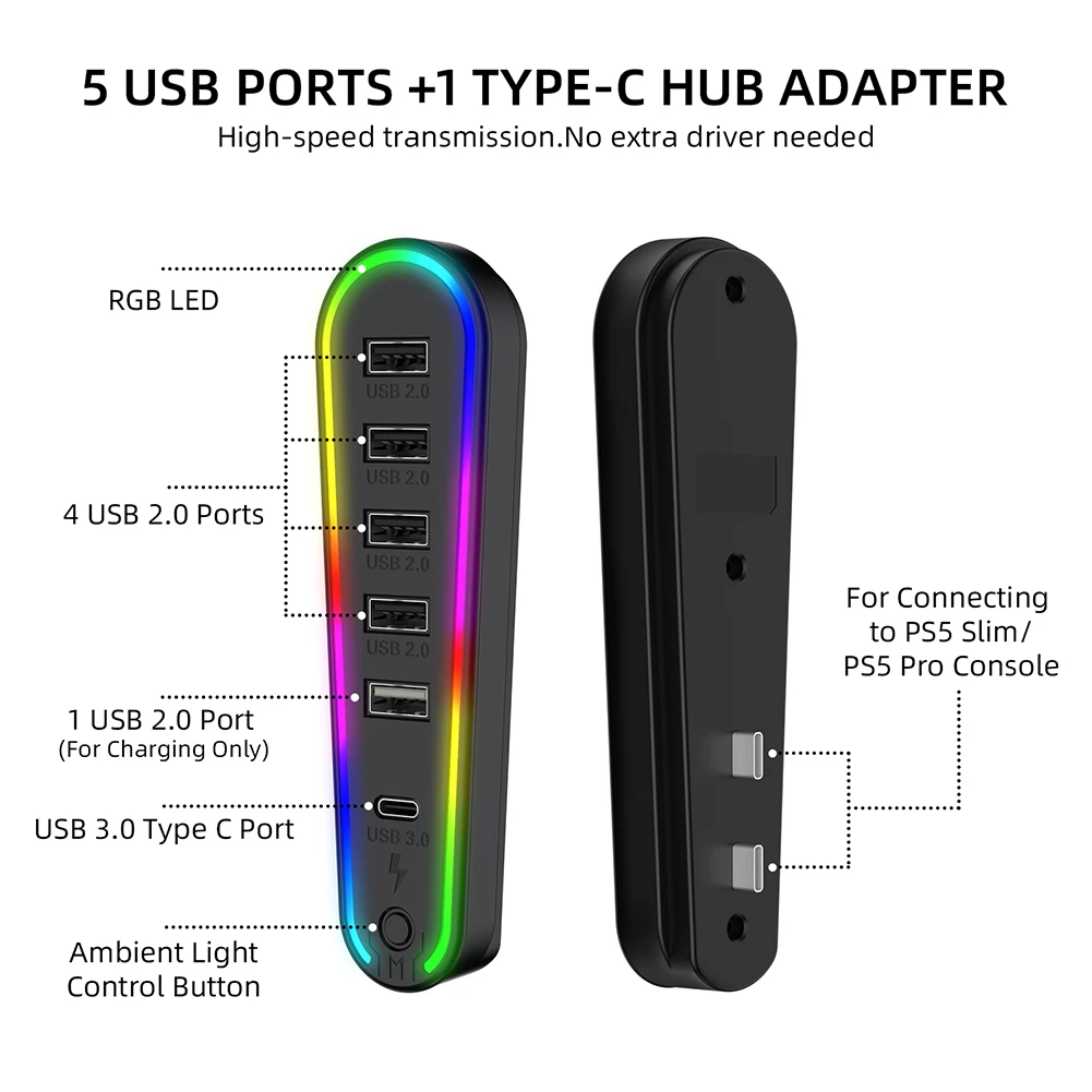 

USB-хаб 6-в-1 для PS5 Pro/PS5 Slim с RGB-подсветкой, удлинитель для передачи данных и зарядное устройство для PlayStation 5 Pro/Slim