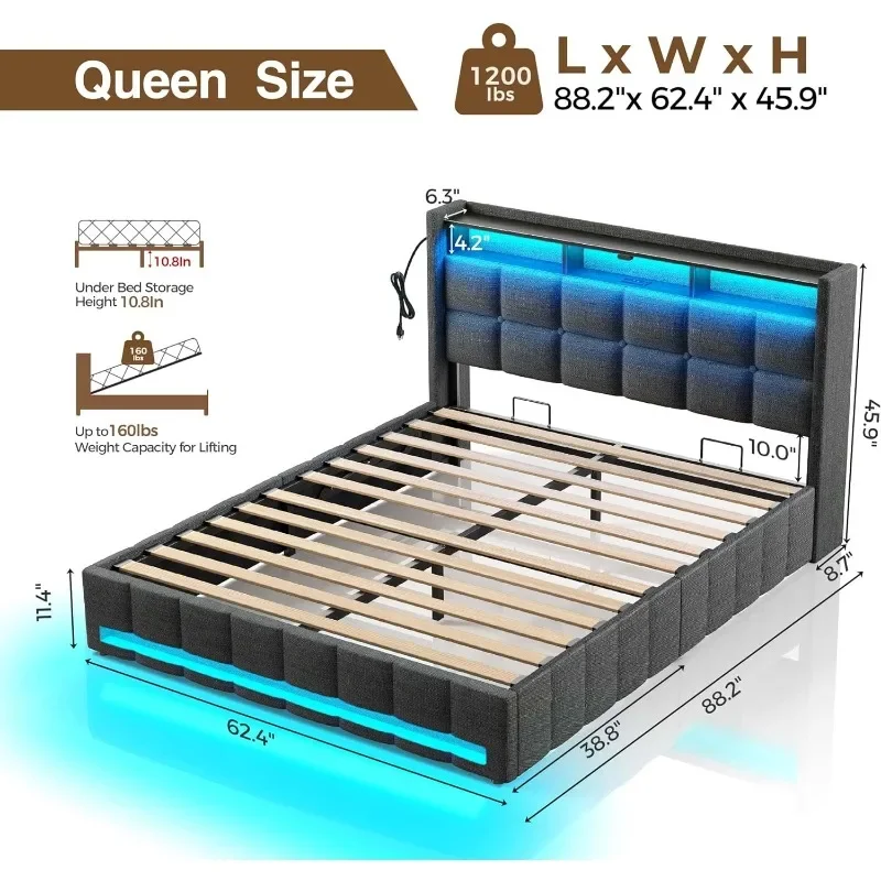 ZHENXIANG Bed Frame Full Size with Lift Up Storage, Charging Station & LED Lights, Upholstered Storage Headboard, Heavy Duty