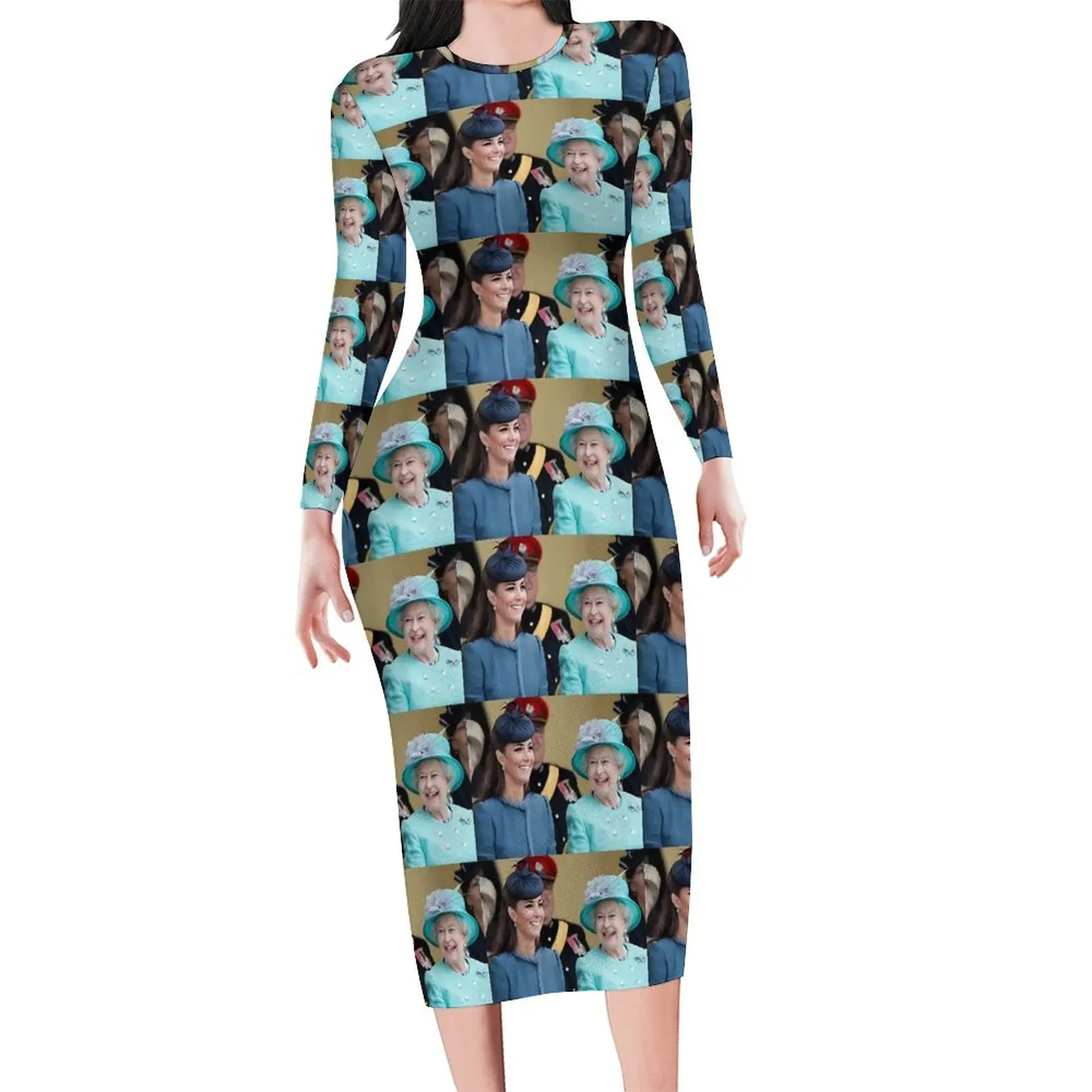 Elizabeth II Bodycon Dress Female HRH Catherine Duchess Modern Dresses Spring Long Sleeve Korean Fashion Print Dress Big Size