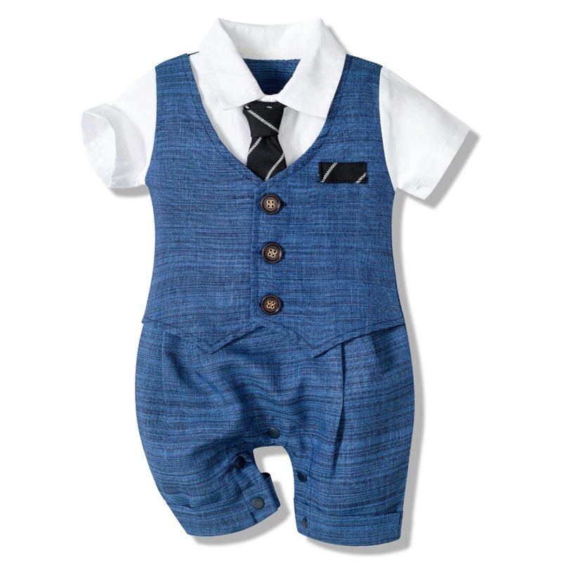 

0-24M Baby Boy Clothes Summer Cotton Formal Romper Gentleman Tie Outfit Newborn One-Piece Clothing Handsome Jumpsuit Party Suit