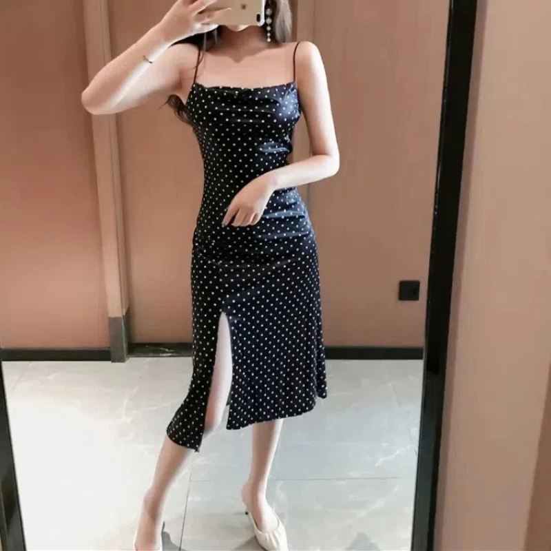 

All-match Flattering Summer Women's Clothing Pullover Camisole Slash Neck Polka Dot Printing Knee Skirts Office Lady Dresses