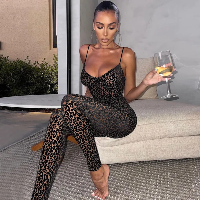 

Europe and the United States summer new women's sexy low-cut sling flocking tight package hip jumpsuit women