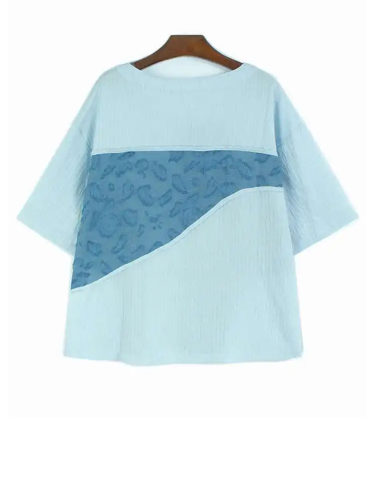 Women Blue Flocking Color-block Big Size T-shirt New Round Neck Short Sleeve Fashion Tide Spring Summer