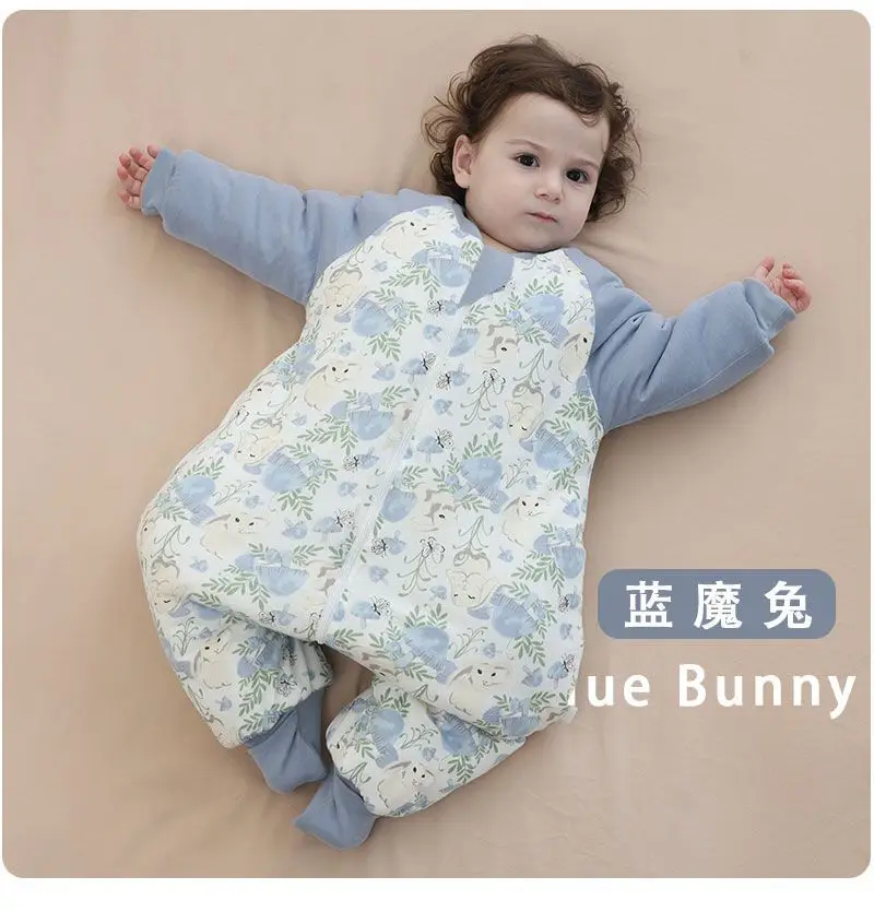 Saco de dormir de pierna dividida con control de temperatura de algodón puro para bebé de otoño e invierno de 200g de espesor con clip de algodón y antiarticulación del pie