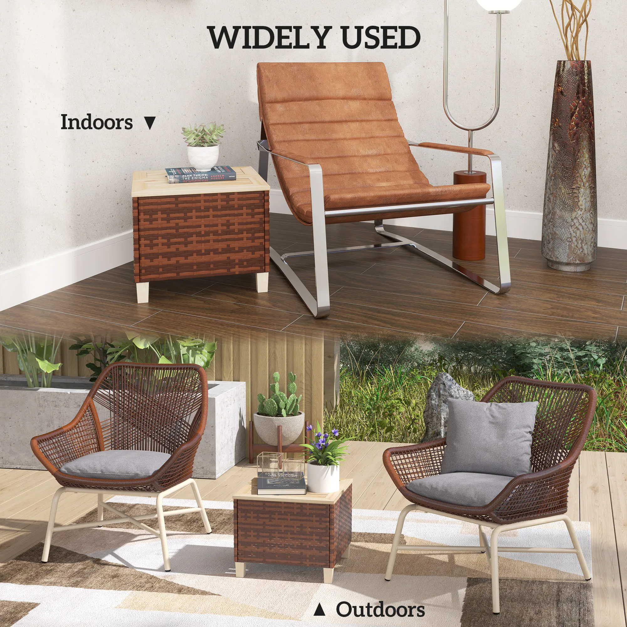 Outsunny compact end table placed beside a lounge chair on a small porch