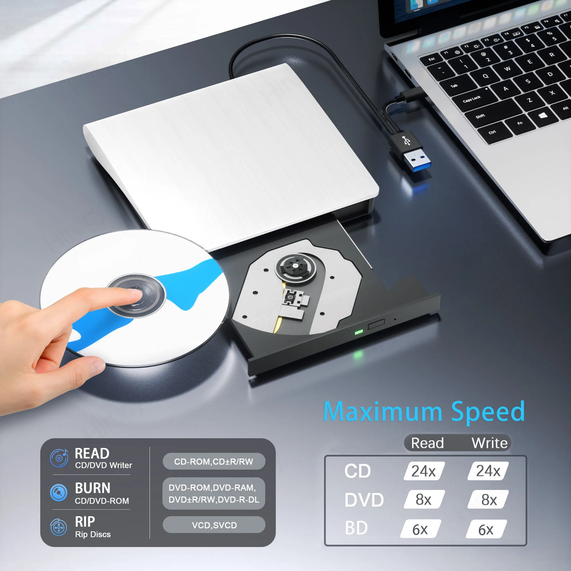 External Blu ray Drive BD/DVD-RW Optical Drives for Laptop Desktop CD Player Burner Compatible with Windows 11 10 Mac OS