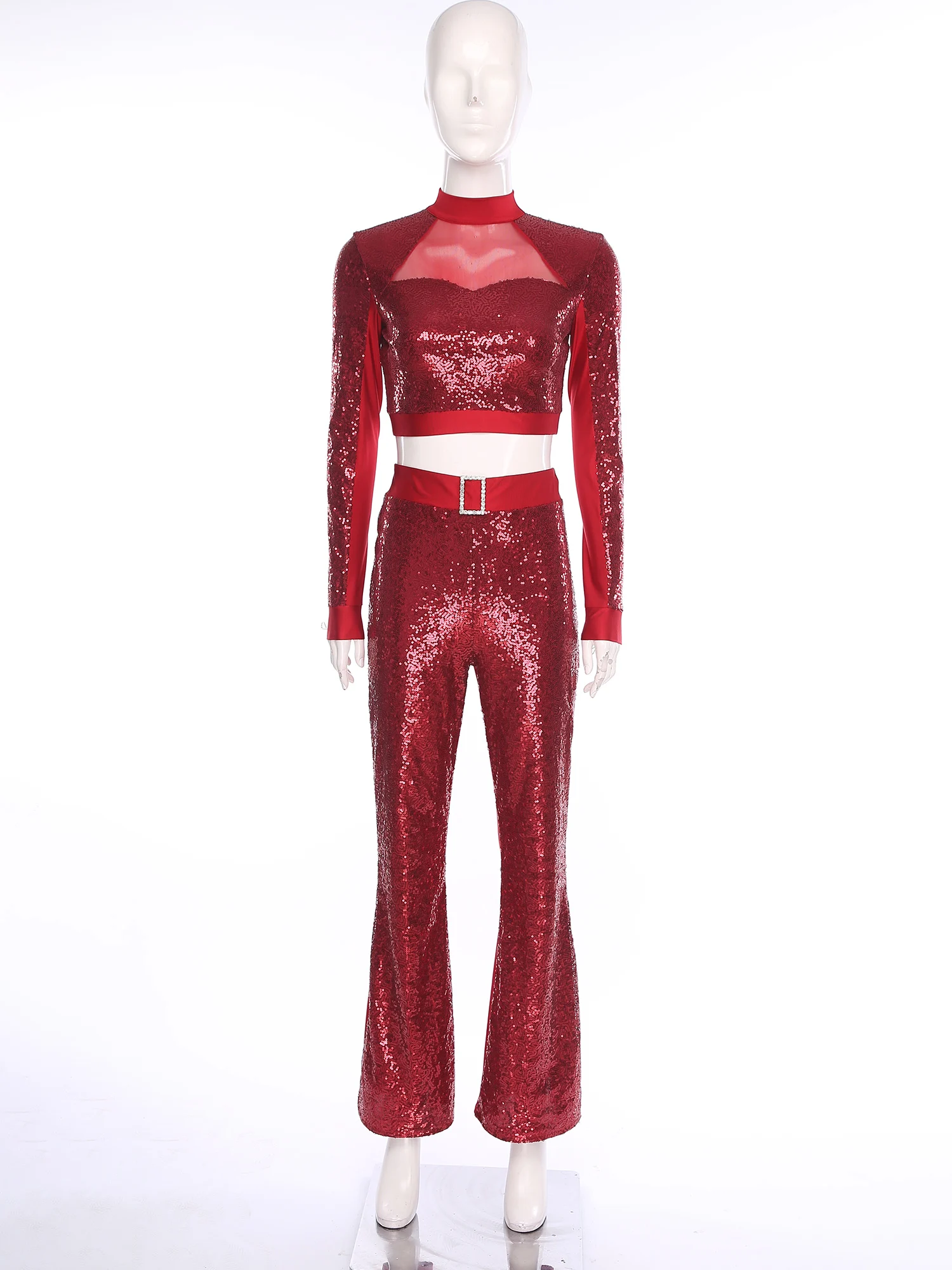 

Women Disco Party Jazz Dance Outfits Two Pieces Sequins Crop Top with Flare Long Pants for Jazz Tap Disco Performance Costumes