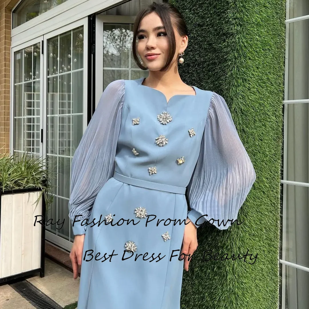 Glamorous Mermaid Prom Dress Satin Square Neck Full Lantern Sleeves Beaded Tea Length For Women Formal Party Vestidos De Noche