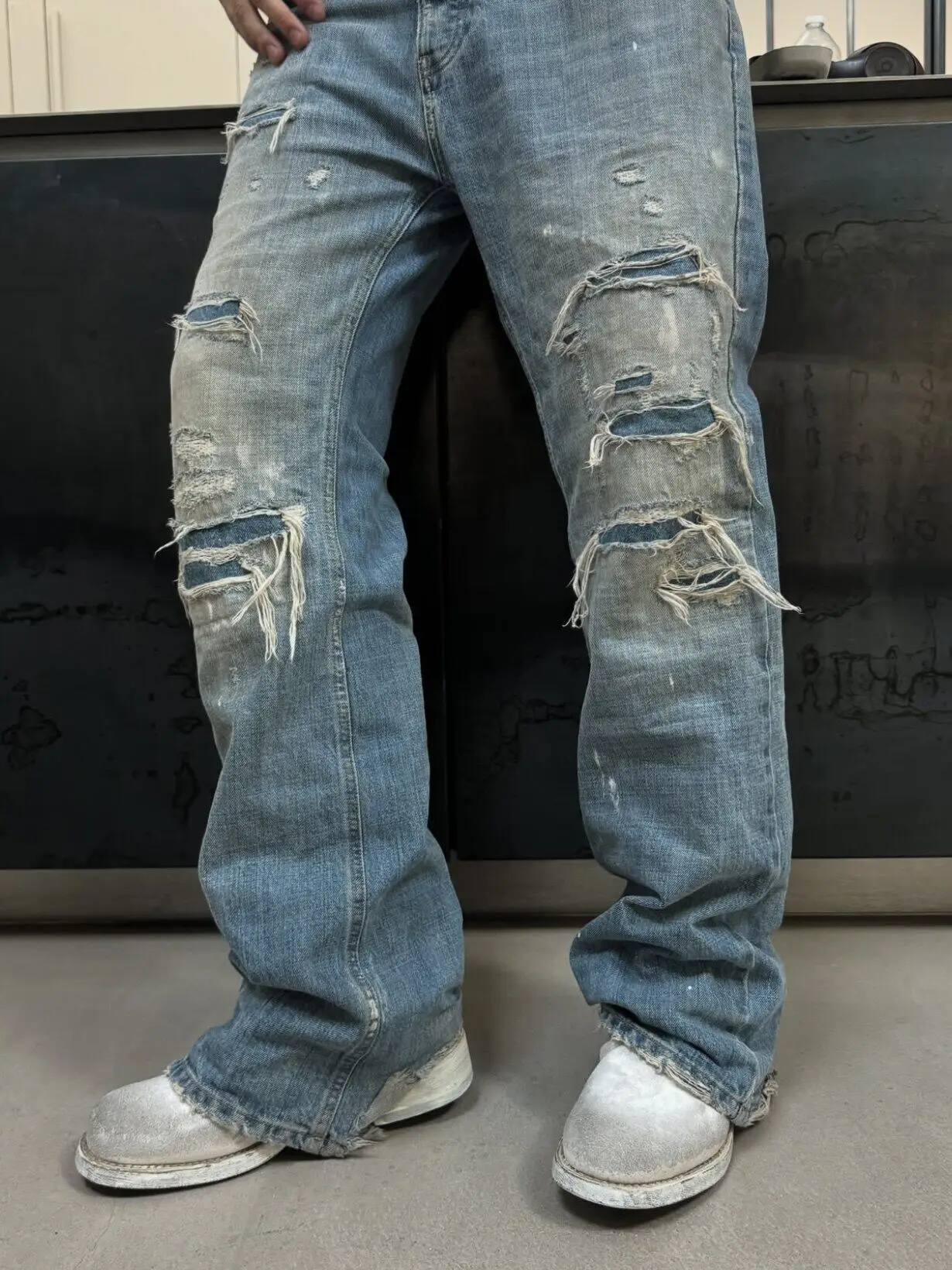 No faith studios wash wreck patch ink splash boro Italian line micro pull jeans