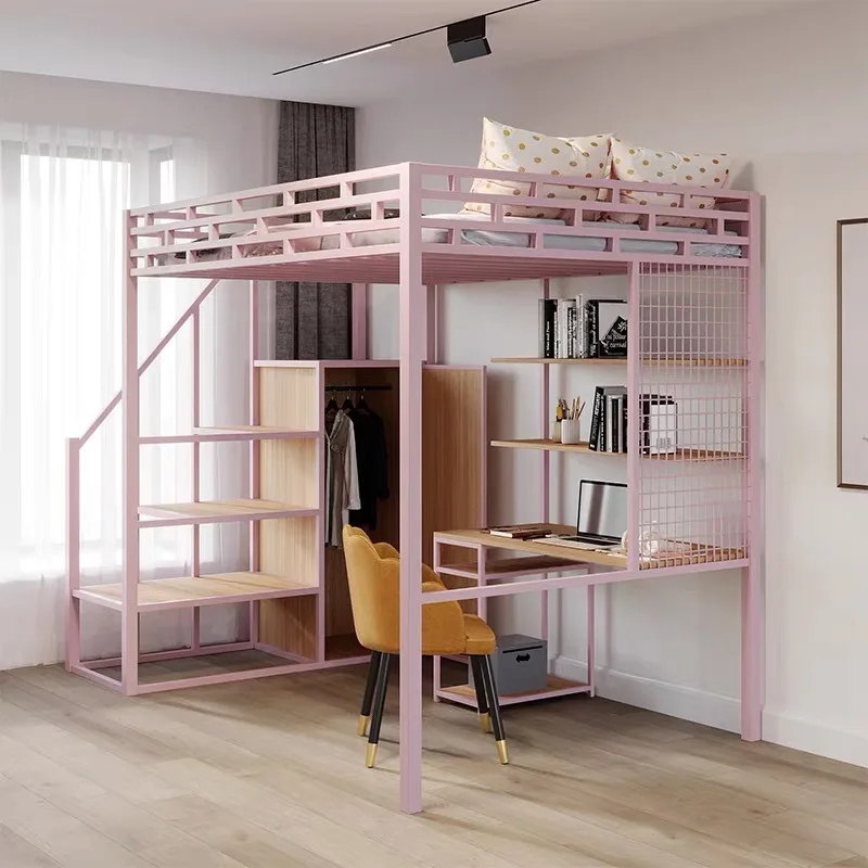 Wrought iron bed under table elevated bed sheet upper floor space-saving pavilion bed small apartment high and low dormitory