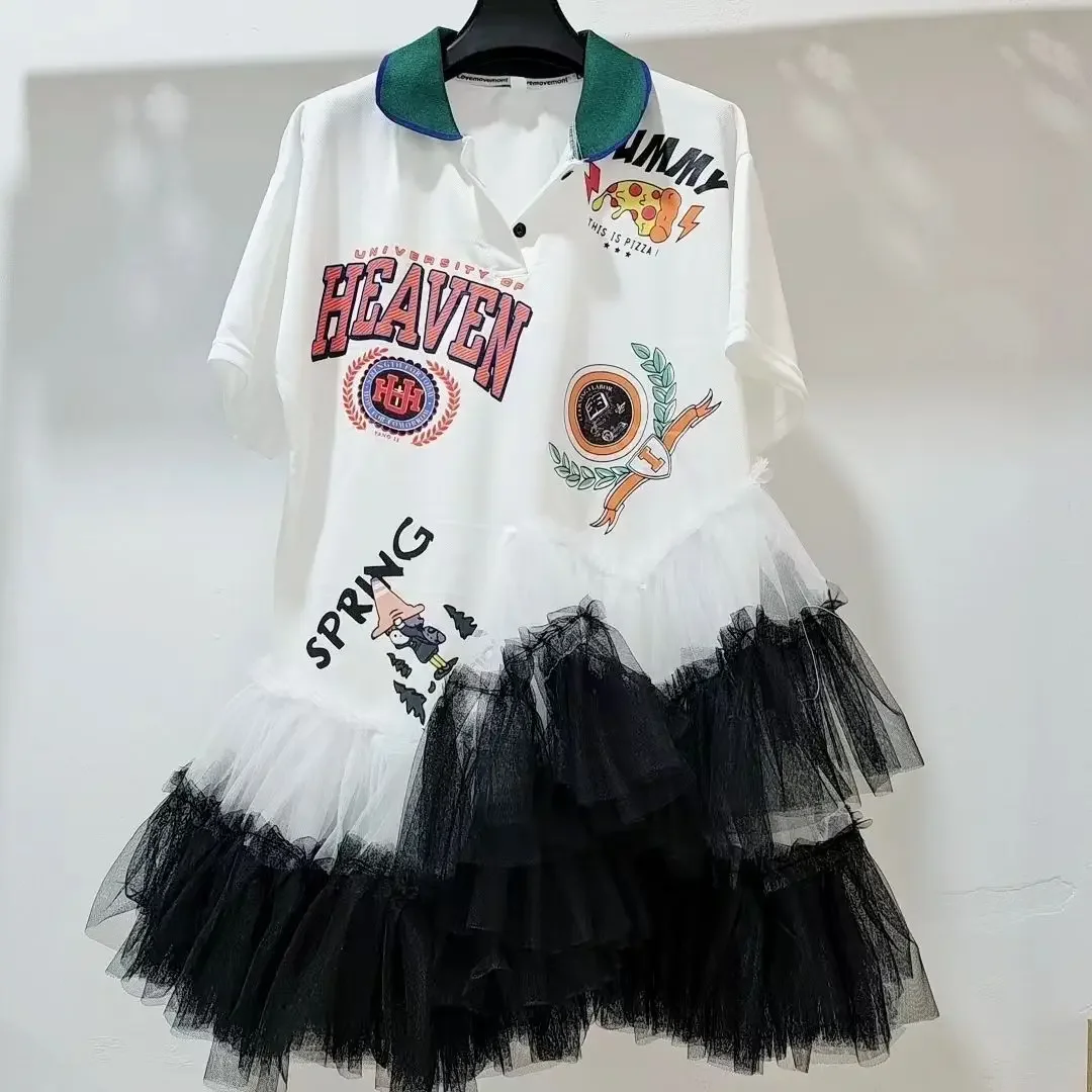 Summer Mesh Splicing Ruffles Short Sleeve T-Shirts Irregular Gauze Stitching Ruched Pleated Tees Letters Printed Jumpers Tops