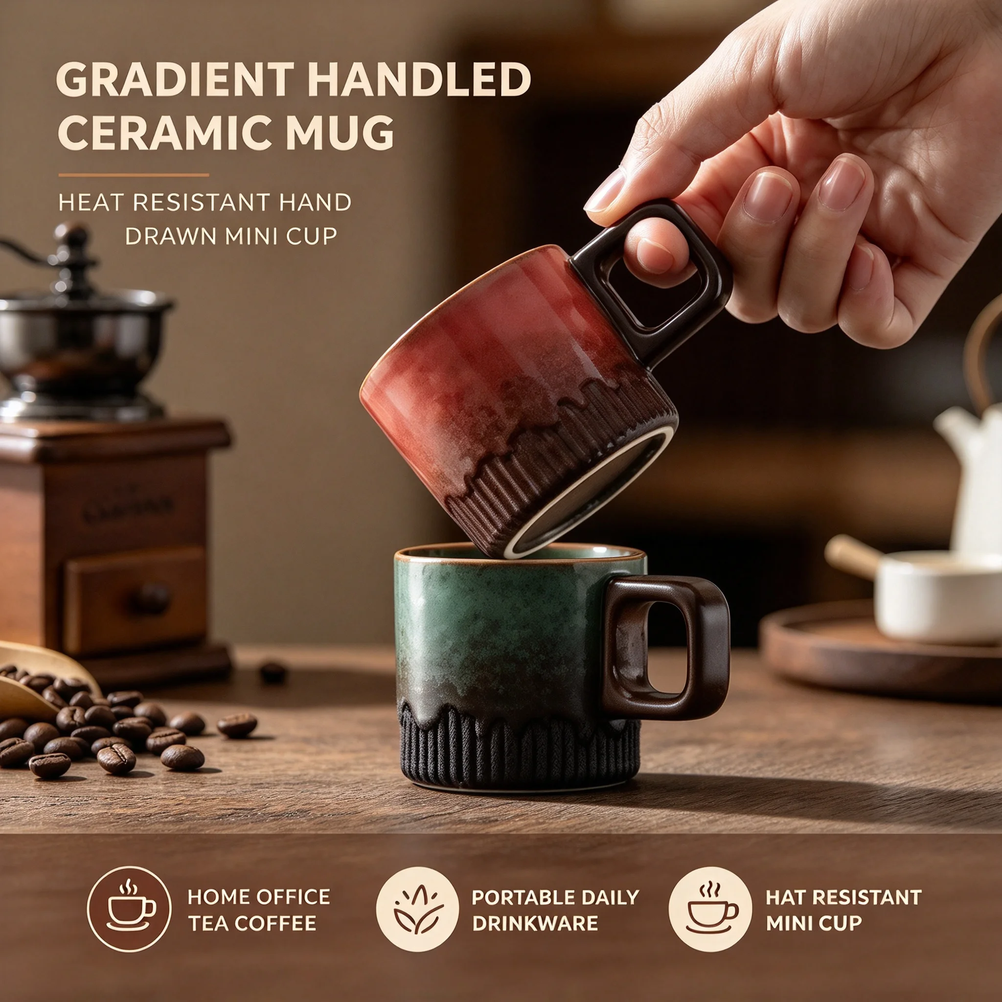 Gradient Handled Ceramic Mug Heat Resistant Hand Drawn Minimal Mini Cup Home Office Tea Coffee Portable Daily Drinkware