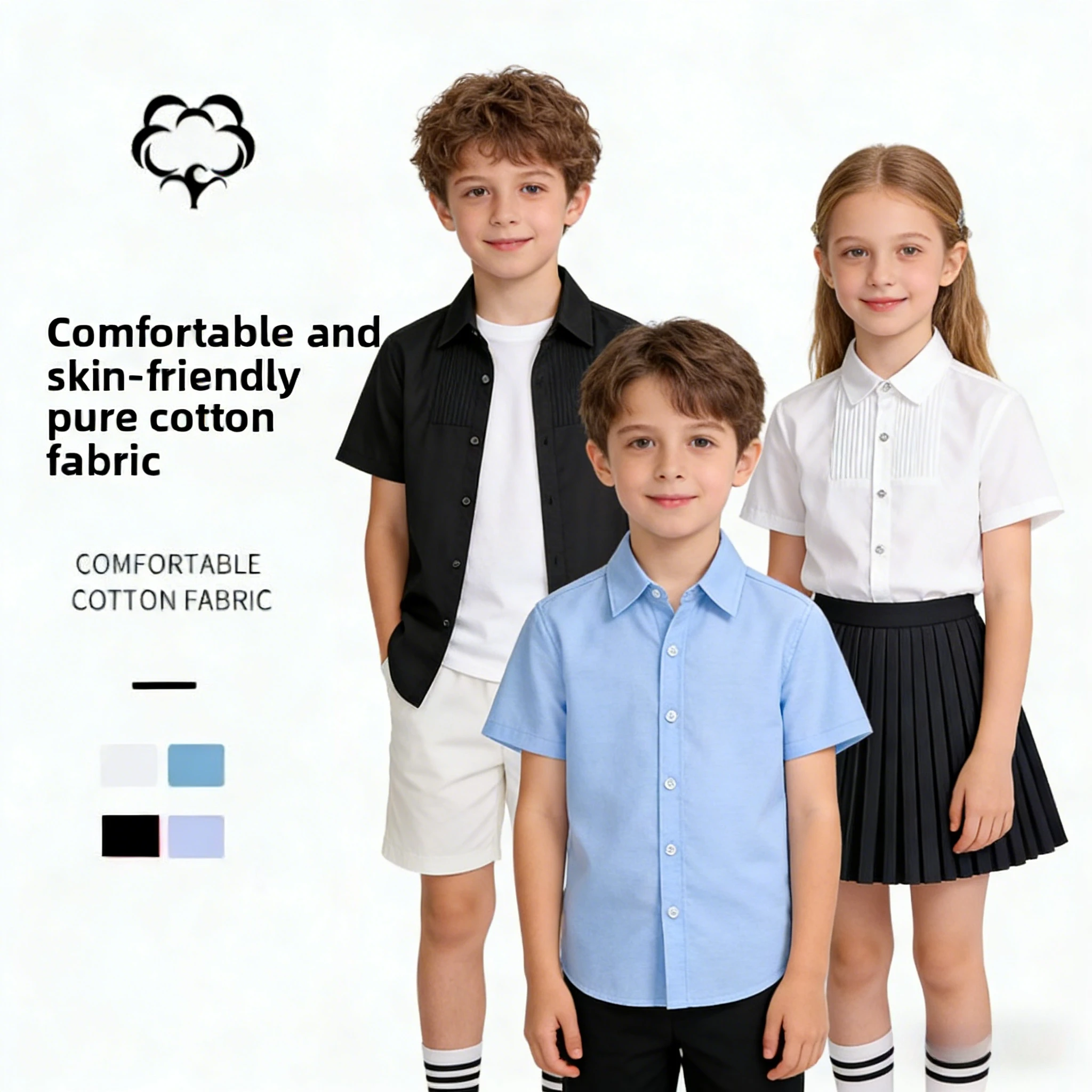 Pure Cotton Unisex Kids Short Sleeve Placket Shirt For Summer Classroom Uniform Field Day Outdoor Camp Basic Layering Top