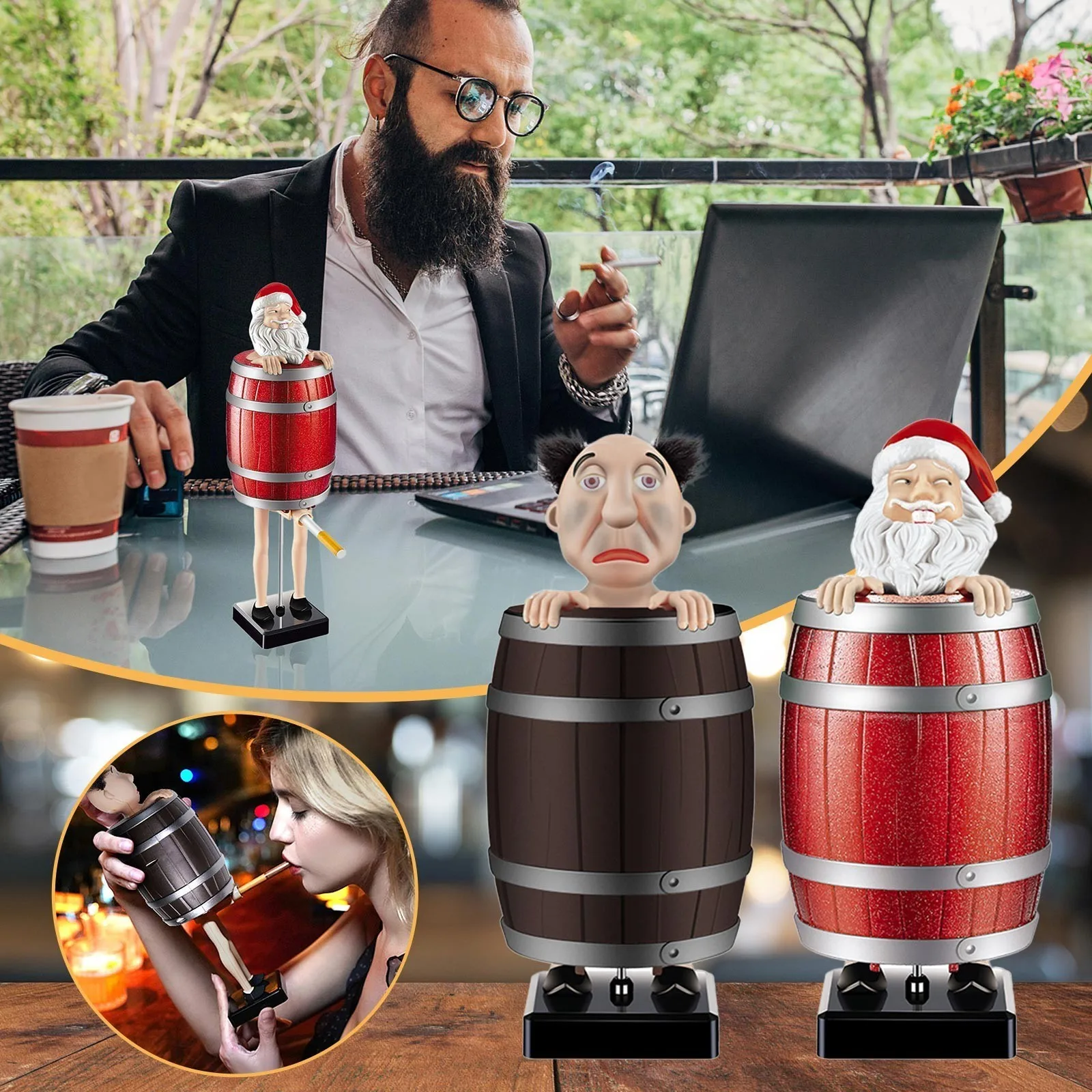 

Funny Cigarette lighter Creative Spoof Holder Box Santa In The Wooden Barrel Box Santa Automatic Cigarette Boxes Christmas Gifts