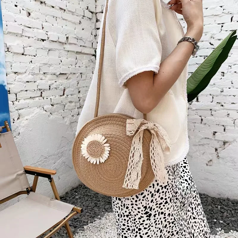 2023 Flower Graphic Circle Straw Bag, Vintage Shoulder Beach Bag, Women's Crossbody Purse Mini Floral Decor Straw Crossbody Bag