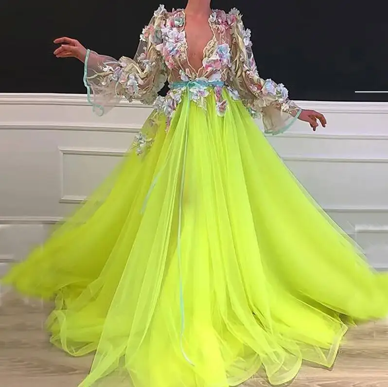 Lemon green Long Sleeve Deep V-Neck Prom Dresses 2023 robe de soiree 3D Flowers Tulle Elegant fairy Evening Gown