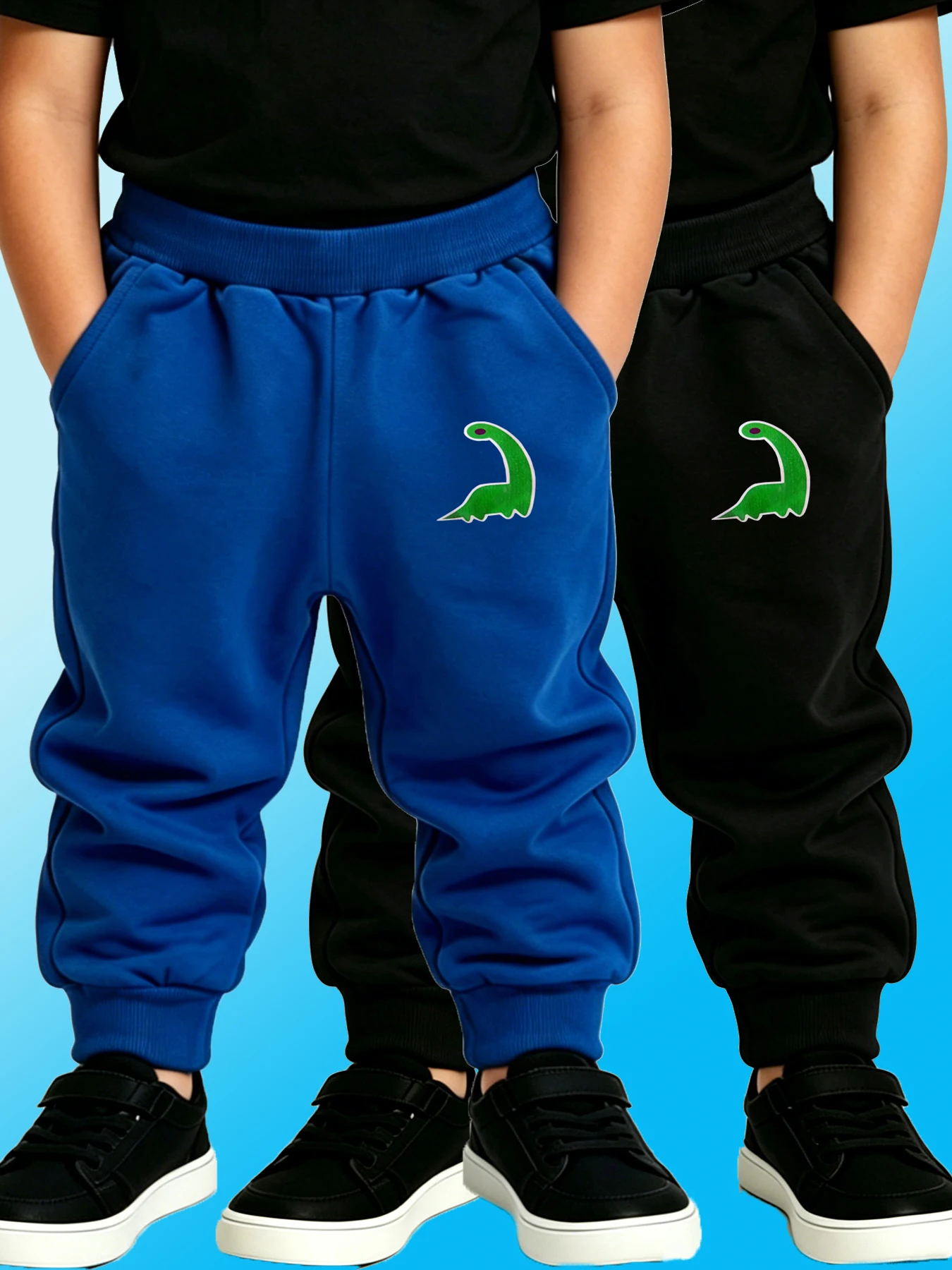 2PCS Black & Blue Kids Street Dinosaur Print Pants Breathable Sweat - Absorbent Sport Trousers Boys Girls Outdoor Play Essential