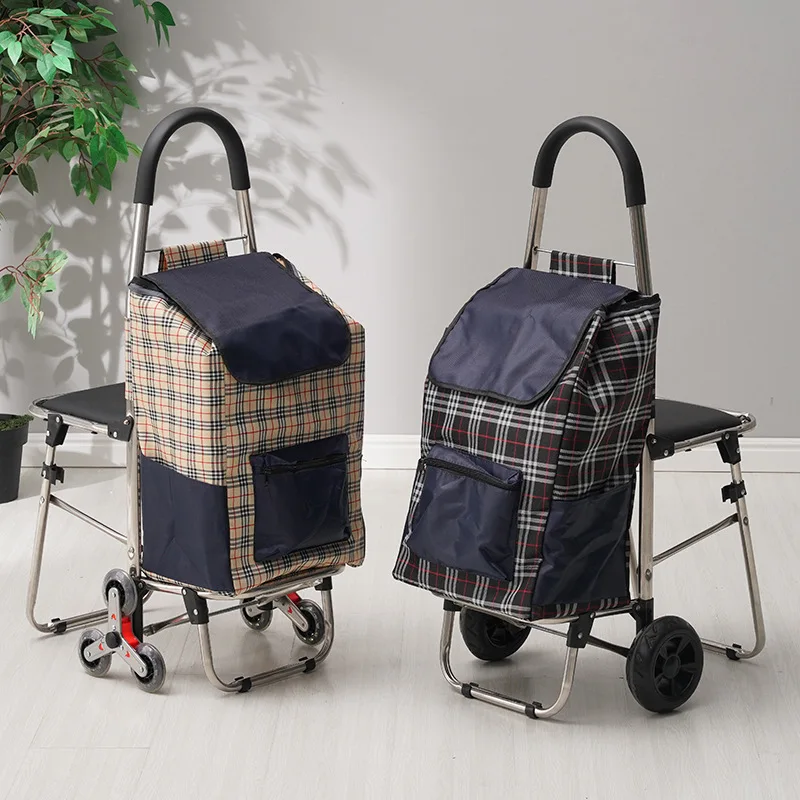 

Foldable Shopping Cart 100KG High Load-Bearing Grocery Trolley Pull Rod Cart Stair Climbing Vegetable Bung With Seat For Rest