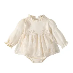 2024 New Autumn Baby Lace Floral Dress 0-24M Infant Cute Waffle Bodysuit Toddler Girls Thin Style Bow One Piece