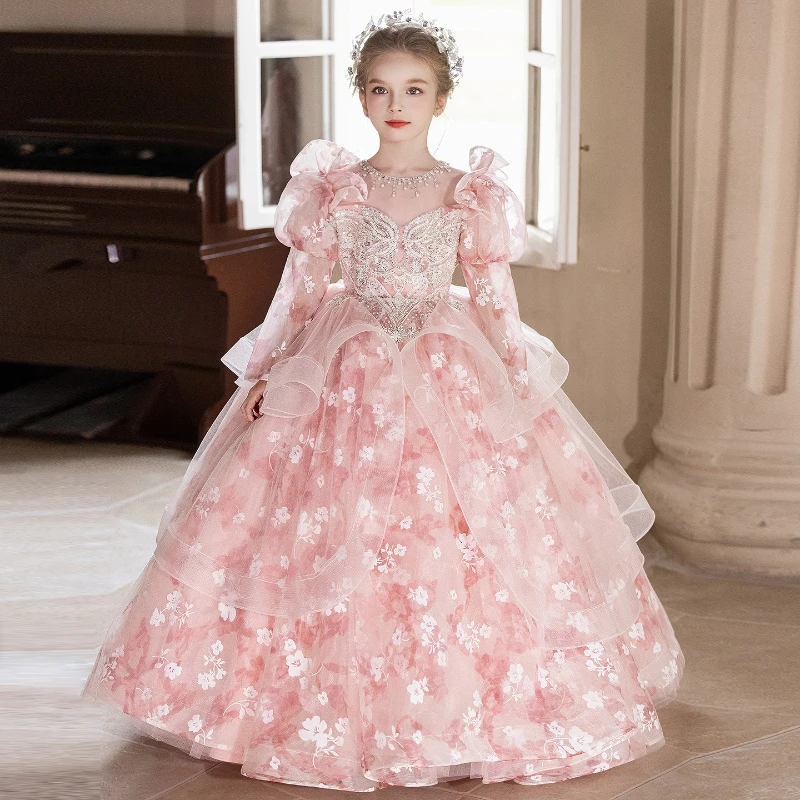 Pink Princess Dress Girls Birthday Party Gown Children Pageant HostPiano Recital Celebration Performance for Flower Girl Kids