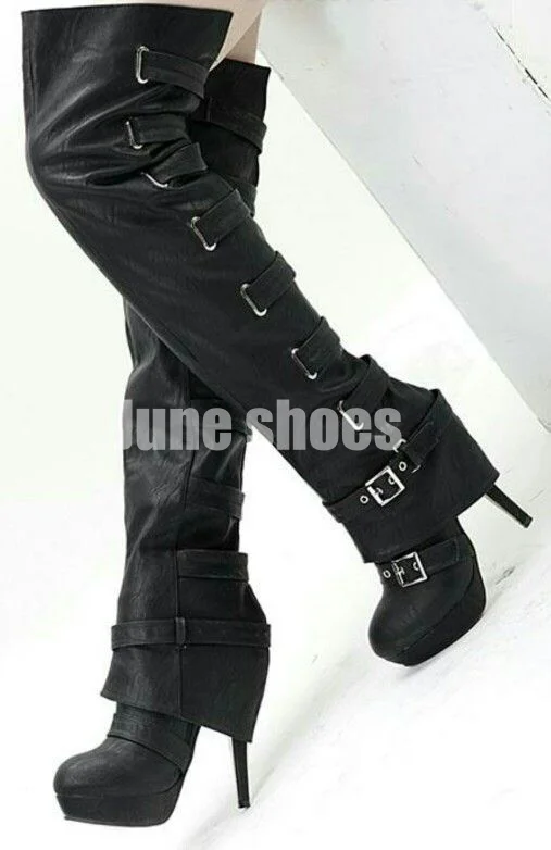

Женские черные сексуальные сапоги выше колена с отложным ремешком, ботинки в стиле панк на шпильке, новые осенние ботинки в стиле панк для вечеринок, размер 34-46