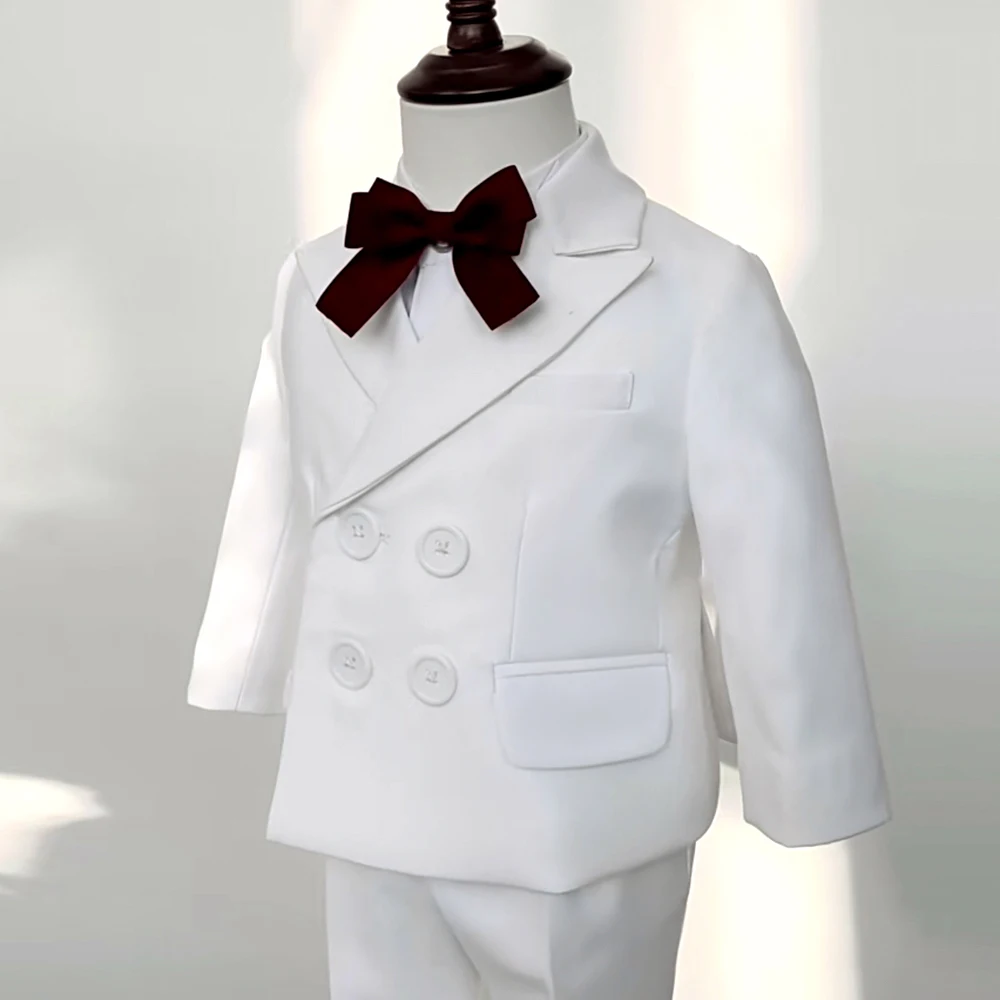 White Suit For Baby Boy 9 Month-4 Year Kids Boys Blazer Pants With Straps 3 PCS Clothes Set Baptism Wedding Elegant Party Dress