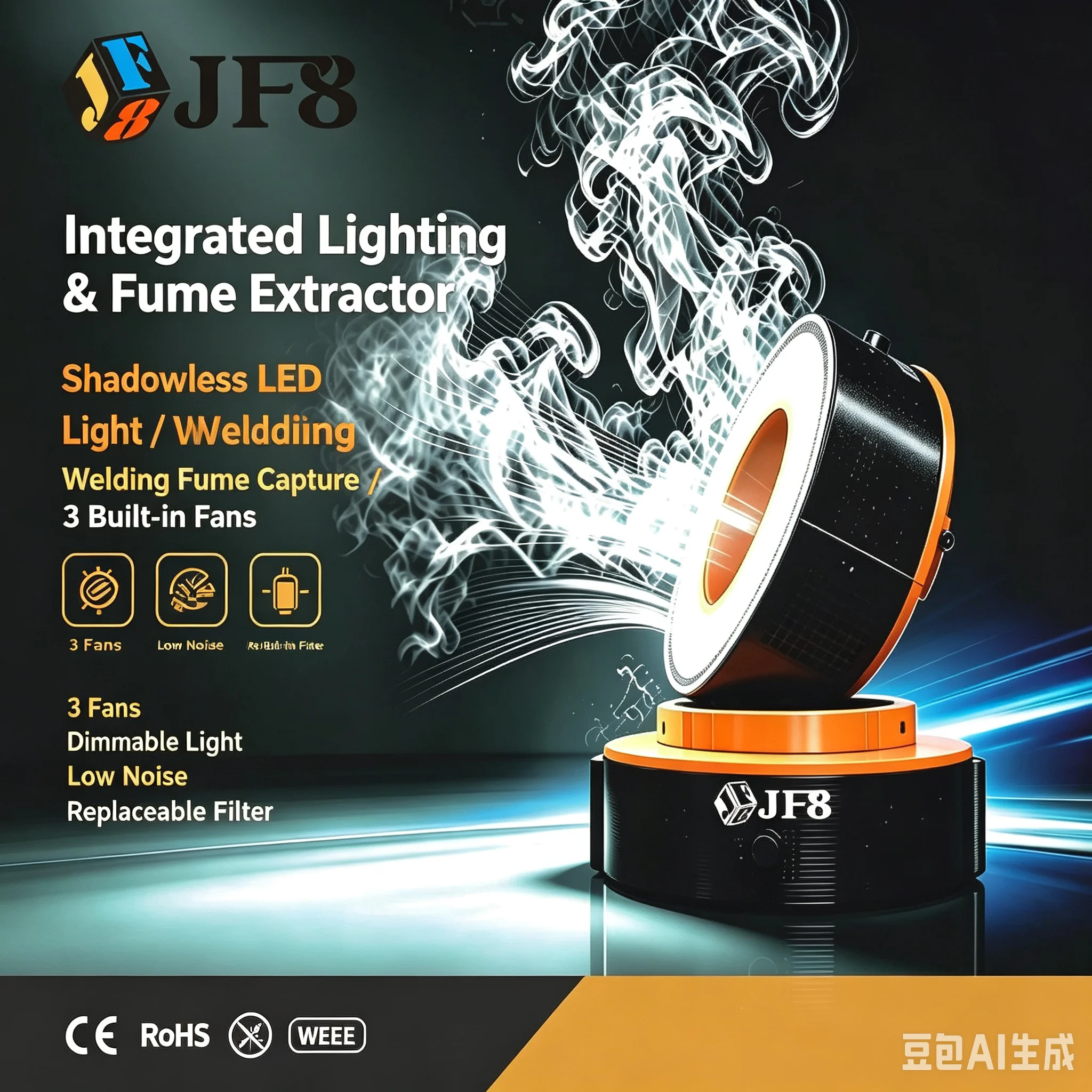 JF8 integrates microscope illumination with smoke extraction and features an LED ring light with adjustable angle and bright